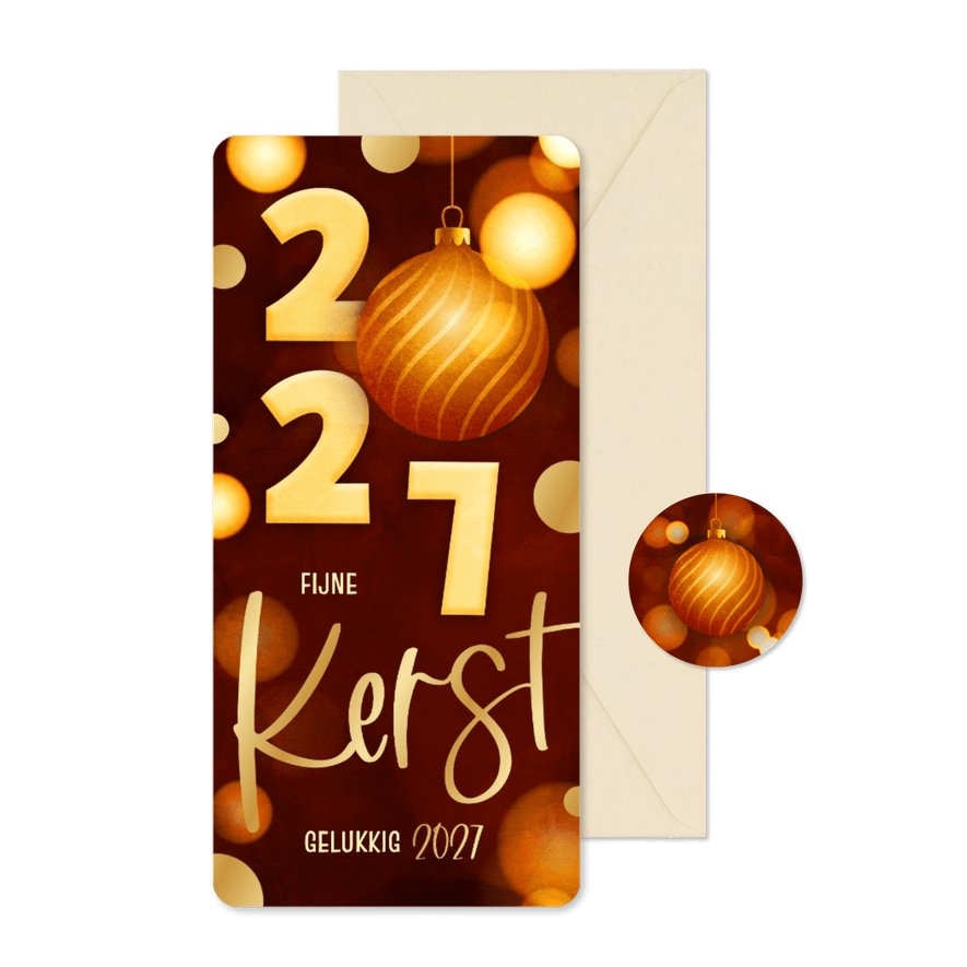 Langwerpige kerstkaart modern rood 2027 kerstbal goud - Kaartimpressie