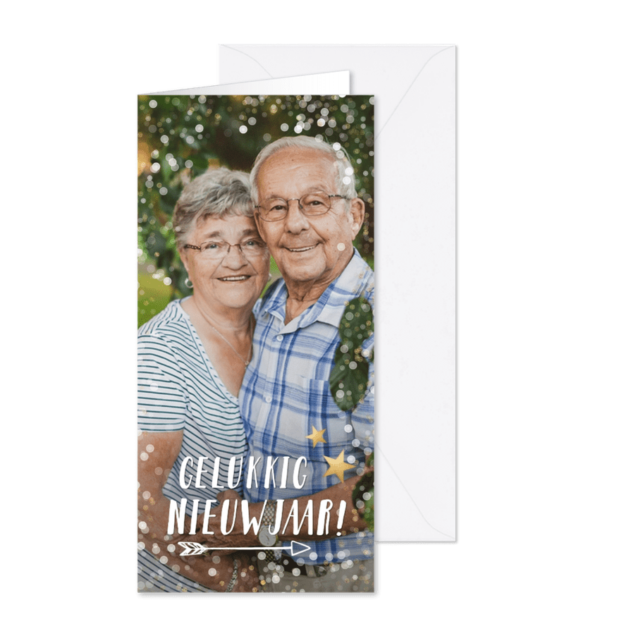 Langwerpige nieuwjaars fotokaart met wit en gouden confetti - Kaartimpressie