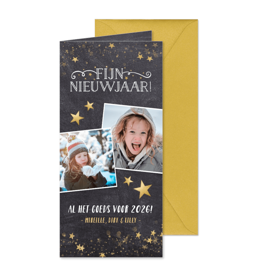 Langwerpige nieuwjaarskaart met een krijtbord achtergrond - Kaartimpressie