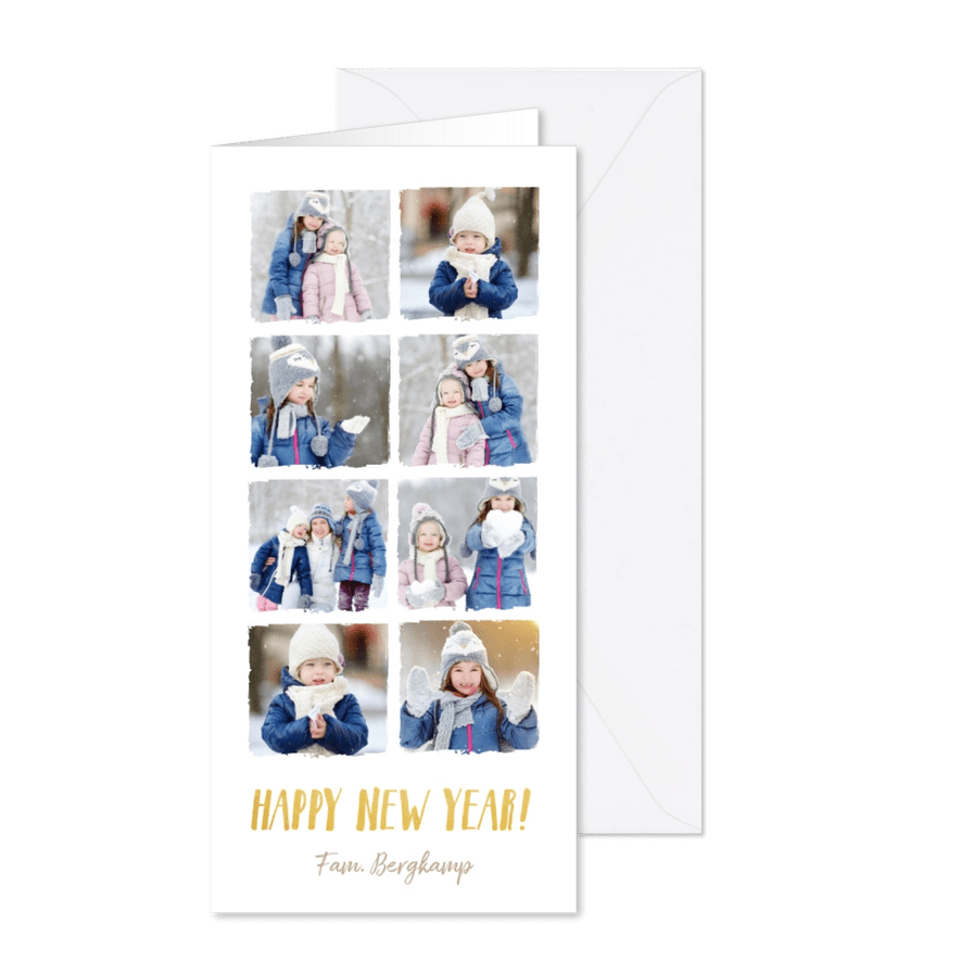 Langwerpige nieuwjaarskaart met fotocollage met 8 fotos - Kaartimpressie