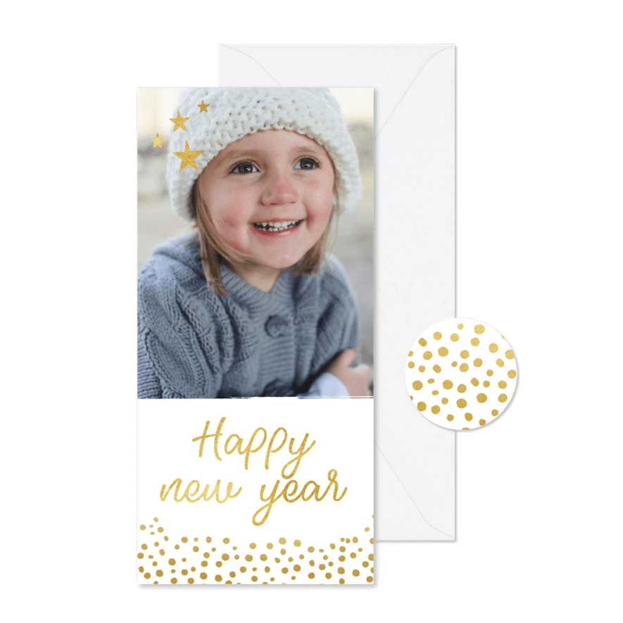 Langwerpige nieuwjaarskaart met grote foto en goud - Kaartimpressie