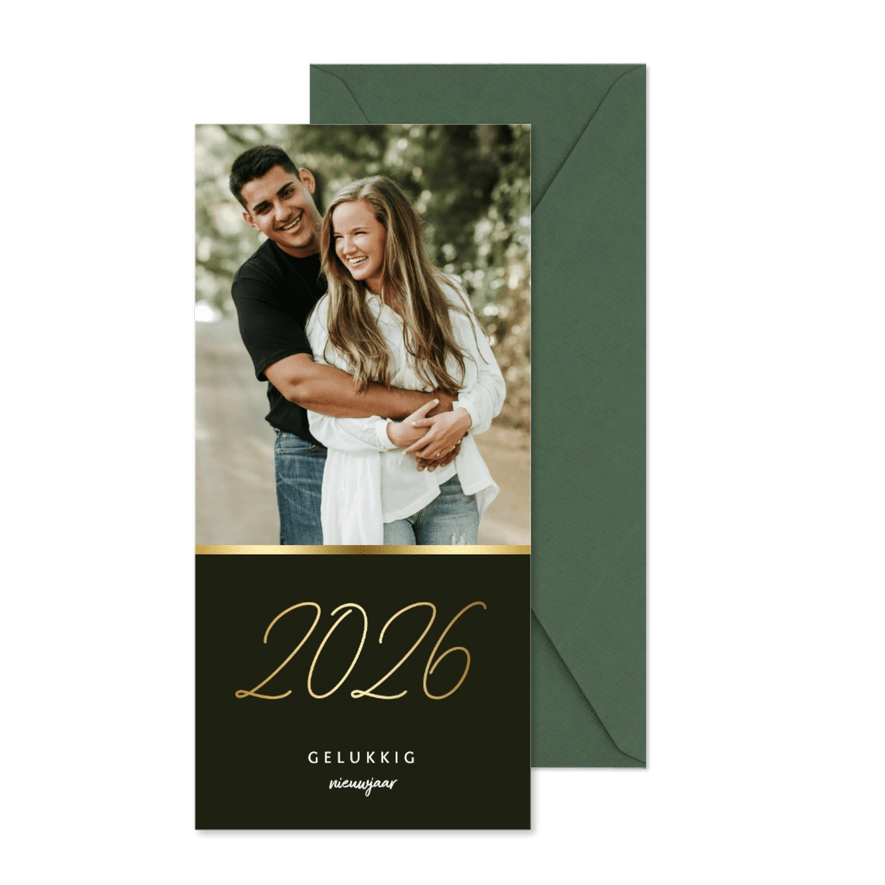 Langwerpige nieuwjaarskaart stijlvol gouden 2026 en foto - Kaartimpressie