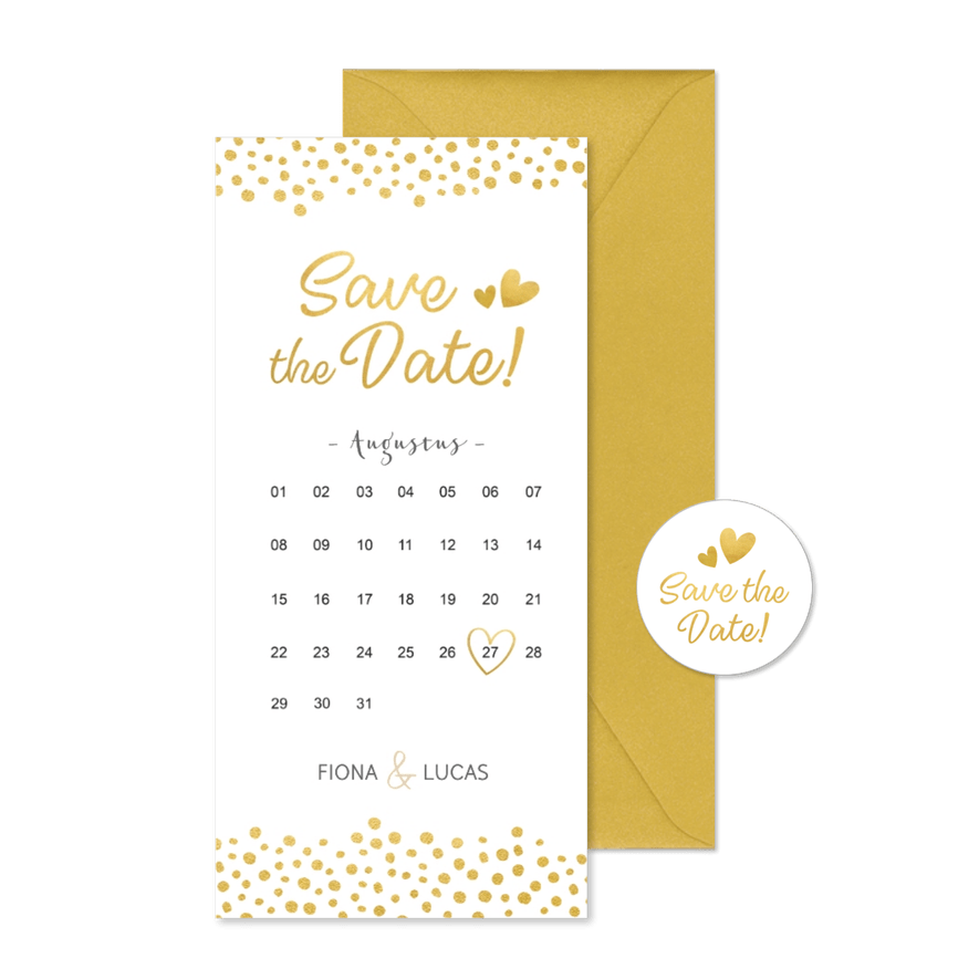 Langwerpige Save the Date kaart kalender met gouden hartjes - Kaartimpressie