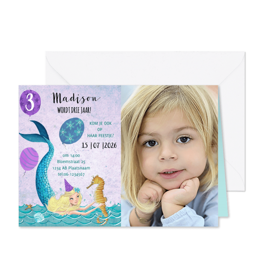 Leeftijd aanpasbaar verjaardag zeemeermin - Kaartimpressie