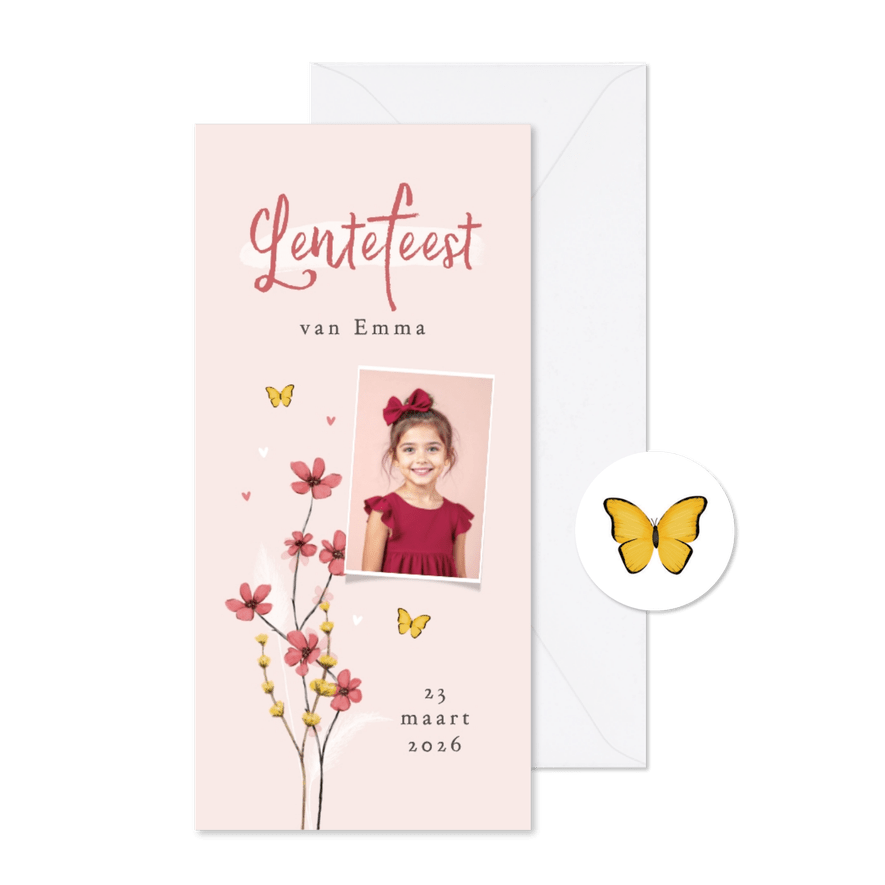 Lentefeest bloemen vlinders foto stijlvol lief origineel - Kaartimpressie