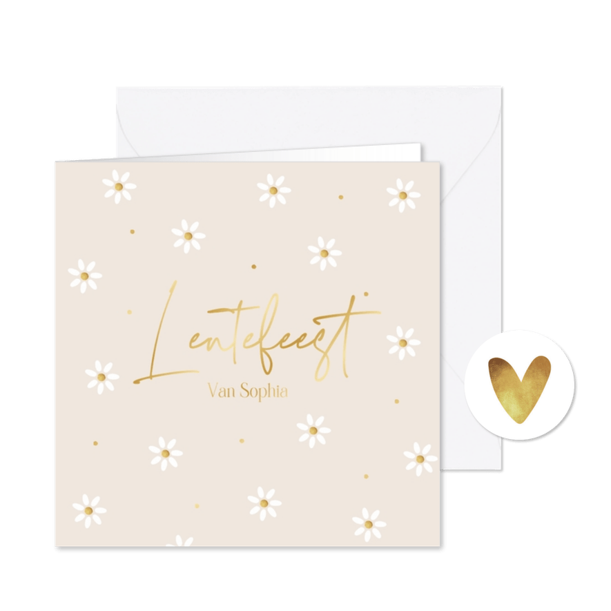 Lentefeest bloemetjes goud uitnodiging feestje - Kaartimpressie