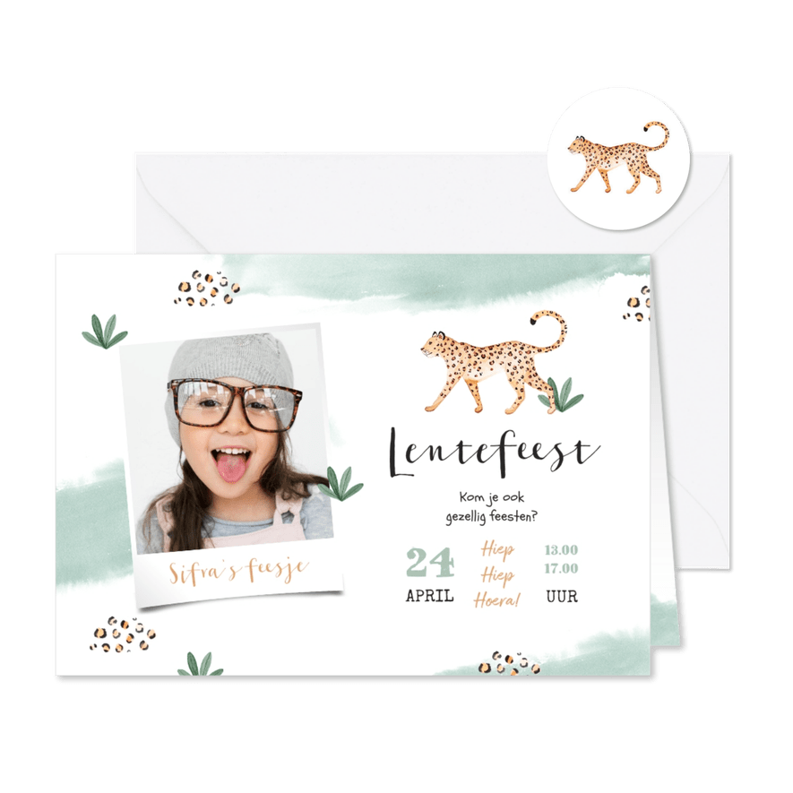 Lentefeest communie uitnodiging jungle luipaard waterverf - Kaartimpressie