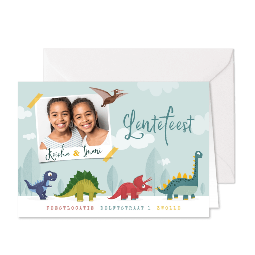 Lentefeest dinosaurussen feestje vrolijk foto tweeling - Kaartimpressie