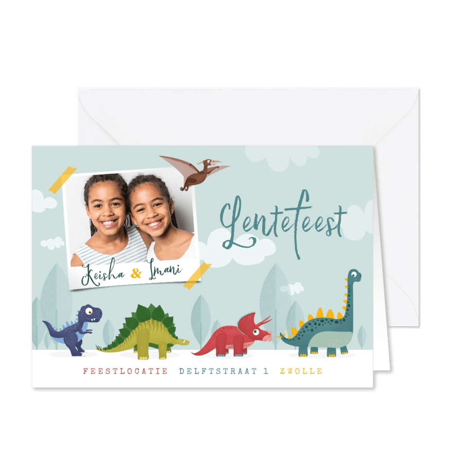 Lentefeest dinosaurussen feestje vrolijk foto tweeling - Kaartimpressie