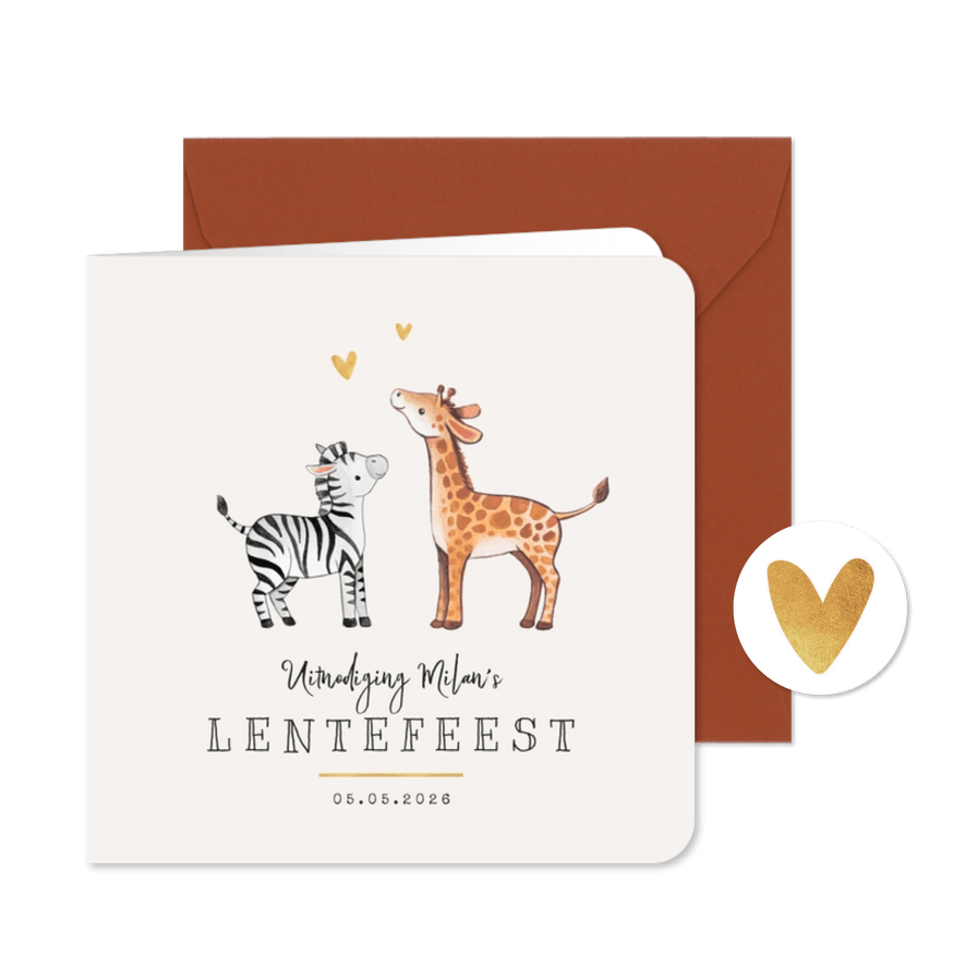 Lentefeest giraf zebra hartjes goud lief uitnodiging - Kaartimpressie