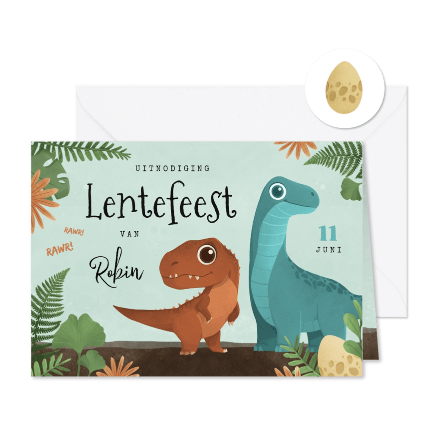 Lentefeest jongen dino T-rex Brontosaurus Jurassic jungle - Kaartimpressie