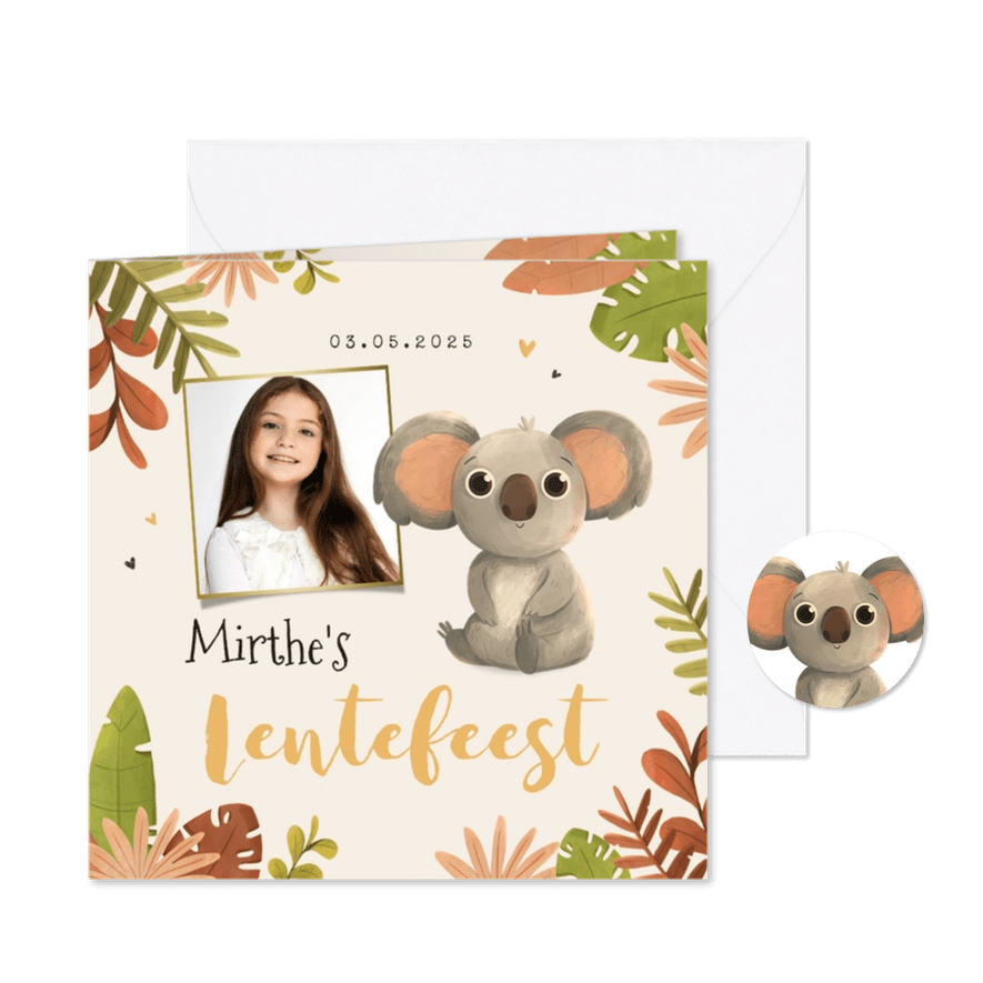 Lentefeest koala jungle foto bladeren hartjes uitnodiging - Kaartimpressie