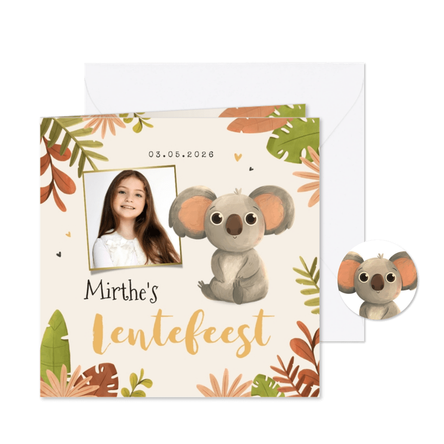 Lentefeest koala jungle foto bladeren hartjes uitnodiging - Kaartimpressie
