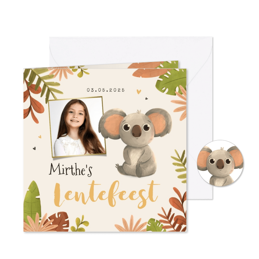 Lentefeest koala jungle foto bladeren hartjes uitnodiging - Kaartimpressie