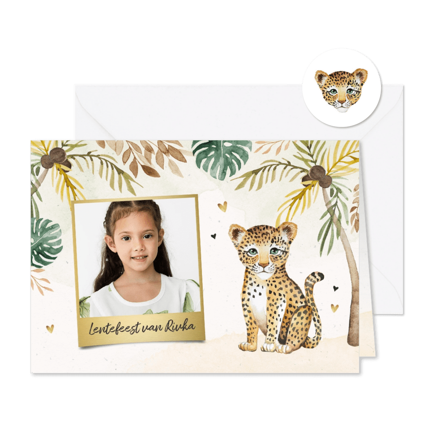 Lentefeest luipaard jungle meisje palmbomen foto hartjes - Kaartimpressie