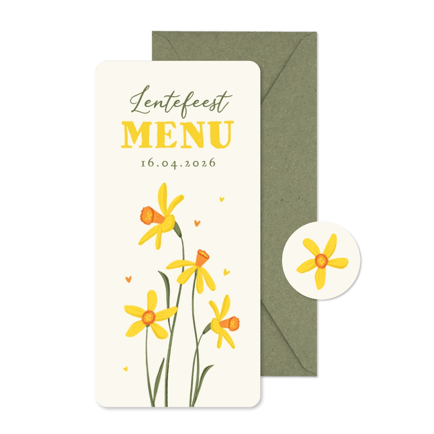 Lentefeest menu narcissen vrolijk hartjes - Kaartimpressie