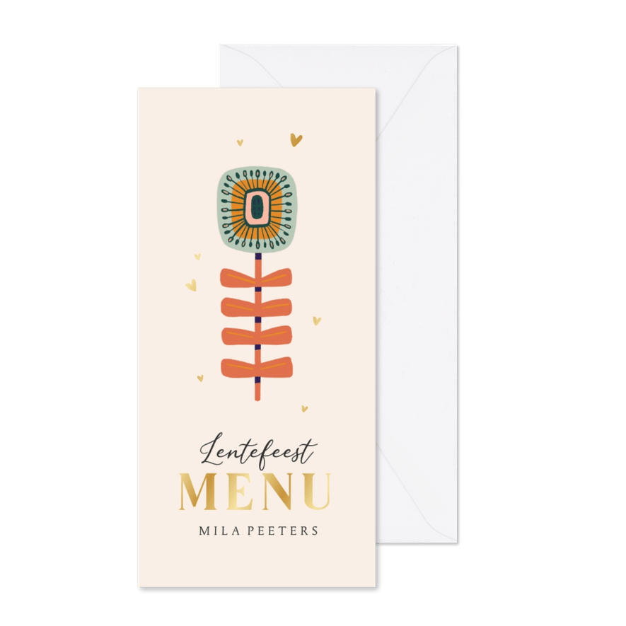 Lentefeest menukaart bloemen hartjes goud retro - Kaartimpressie