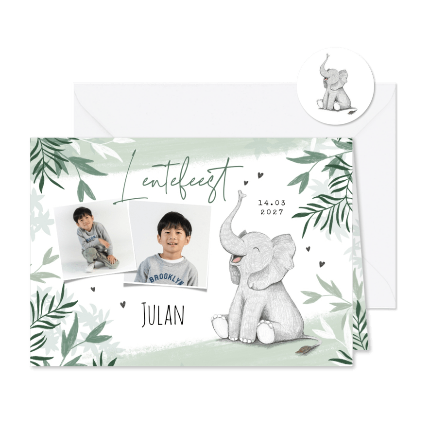 Lentefeest olifant jungle foto lief uitnodiging feestje - Kaartimpressie