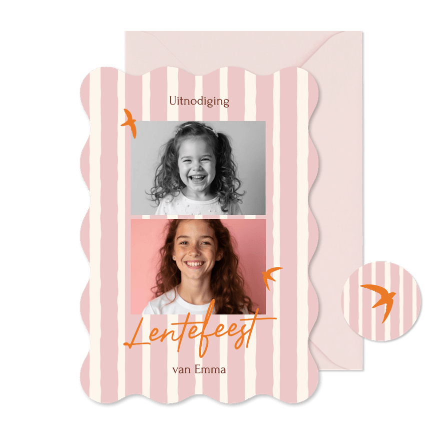 Lentefeest roze streepjes met oranje vogeltjes golfvorm - Kaartimpressie