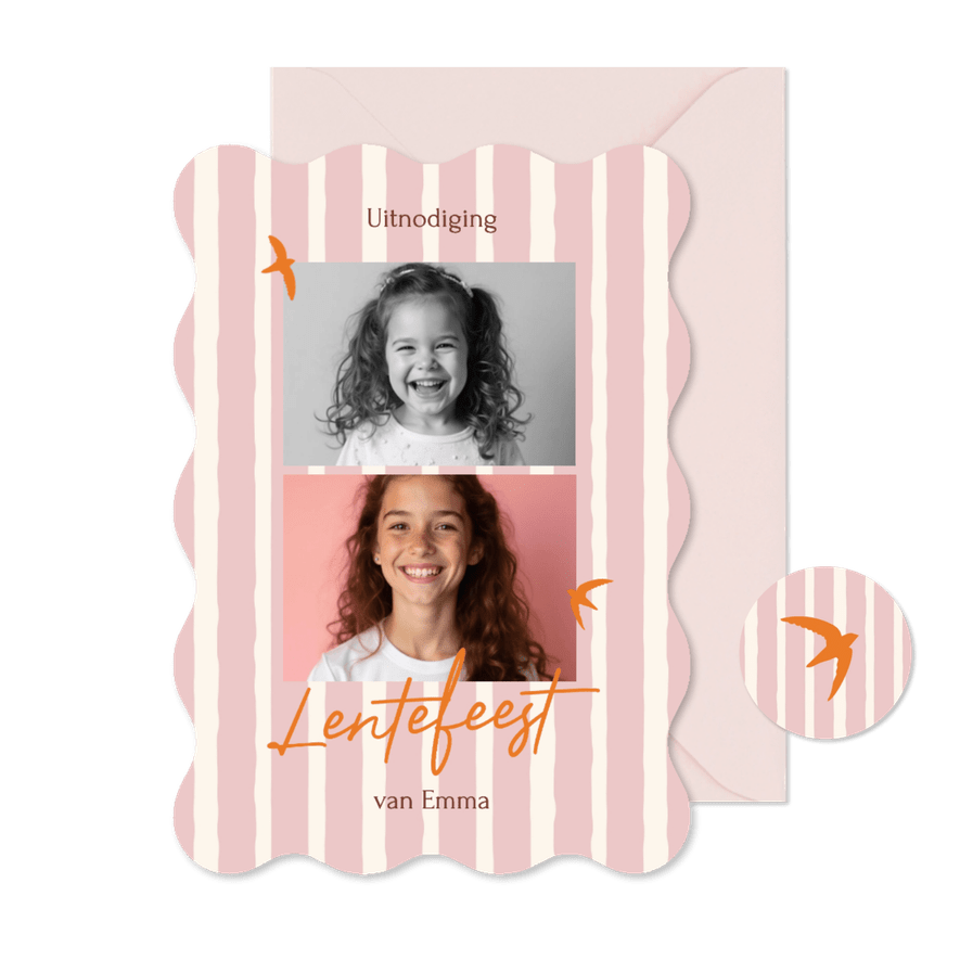 Lentefeest roze streepjes met oranje vogeltjes golfvorm - Kaartimpressie