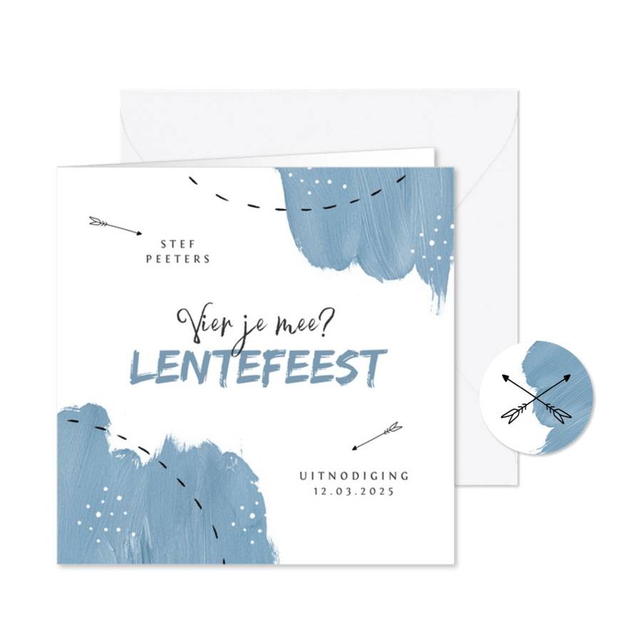 Lentefeest uitnodiging blauw verf pijltje foto communie - Kaartimpressie