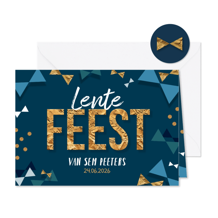 Lentefeest uitnodiging confetti strikjes goud. - Kaartimpressie