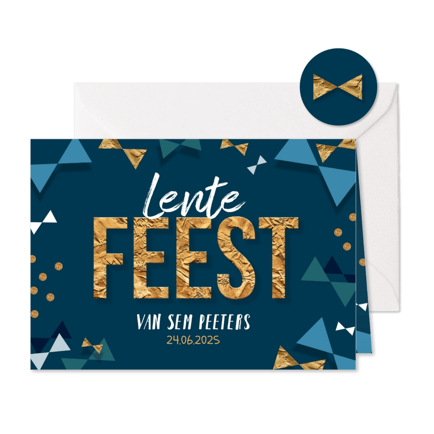 Lentefeest uitnodiging confetti strikjes goud. - Kaartimpressie