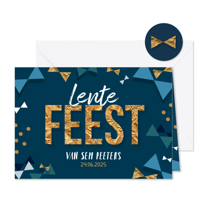 Lentefeest uitnodiging confetti strikjes goud. - Kaartimpressie