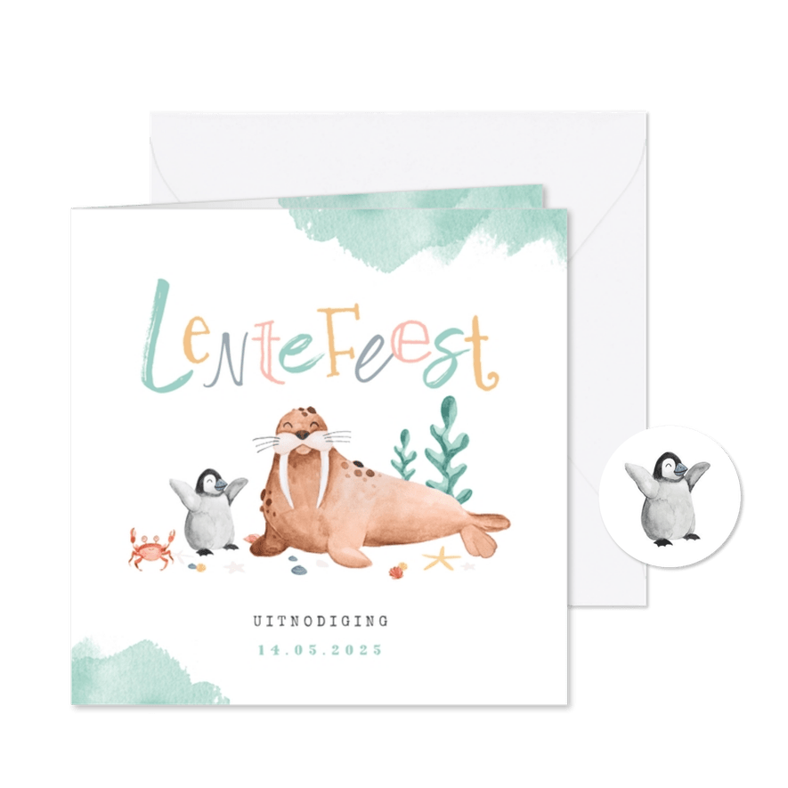 Lentefeest uitnodiging dieren walrus pinguïn krab schelp - Kaartimpressie