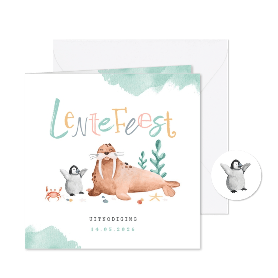 Lentefeest uitnodiging dieren walrus pinguïn krab schelp - Kaartimpressie