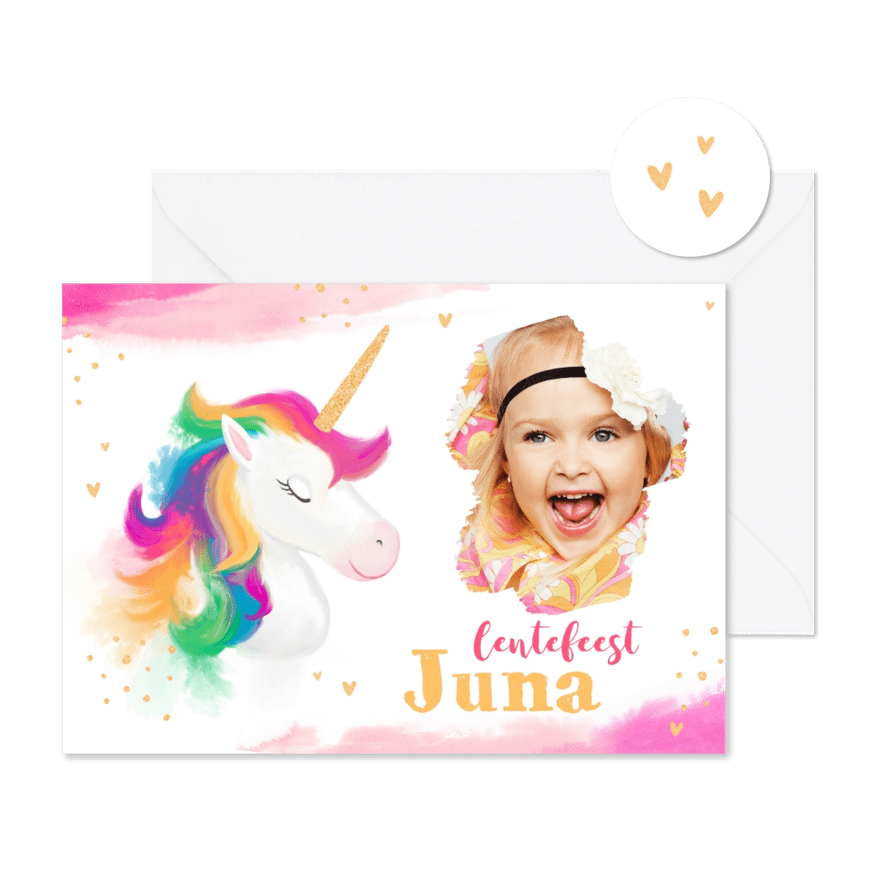 Lentefeest uitnodiging feestje unicorn waterverf hartjes - Kaartimpressie