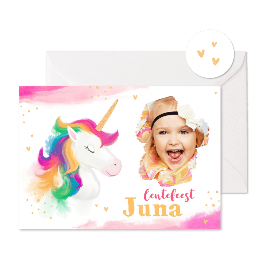 Lentefeest uitnodiging feestje unicorn waterverf hartjes - Kaartimpressie