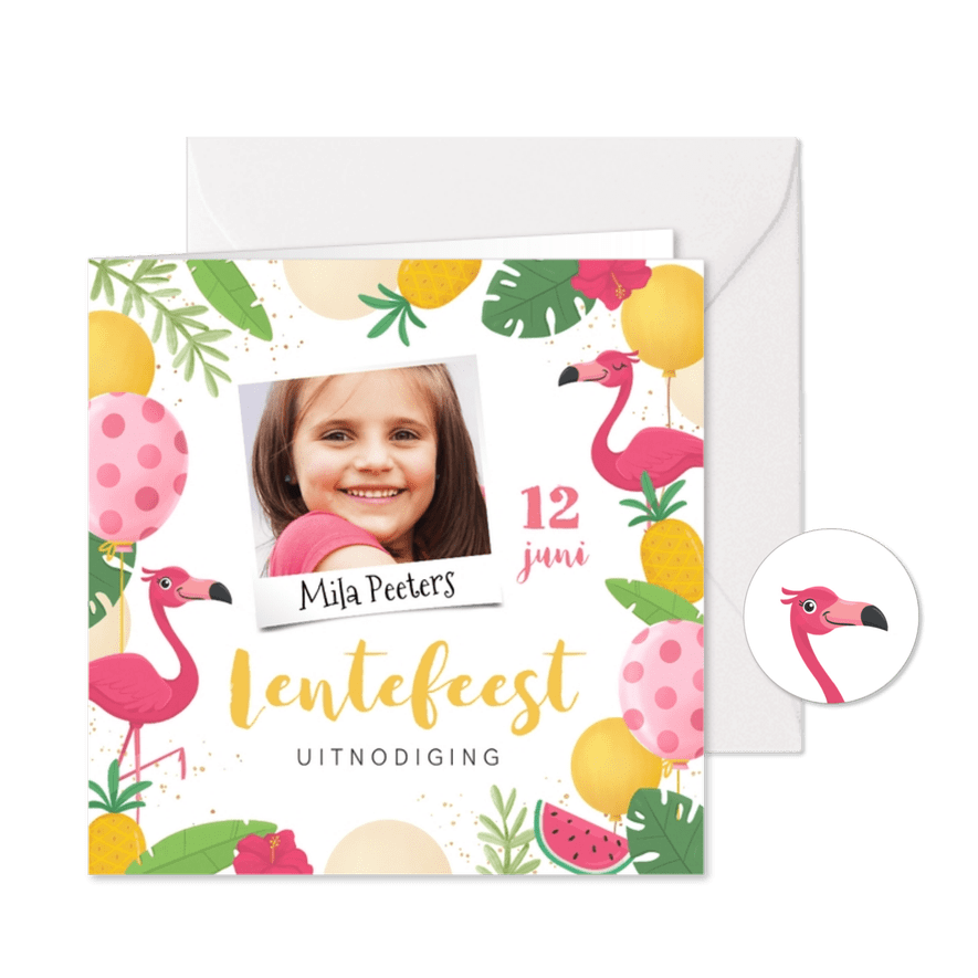 Lentefeest uitnodiging flamingo tropisch ananas foto - Kaartimpressie