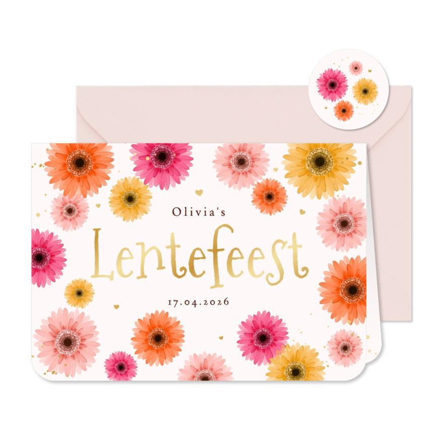 Lentefeest uitnodiging gerbera bloemen kleurrijk goud - Kaartimpressie