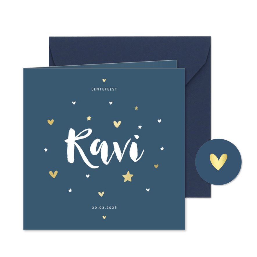 Lentefeest uitnodiging gouden hartjes en sterren aanpasbaar - Kaartimpressie