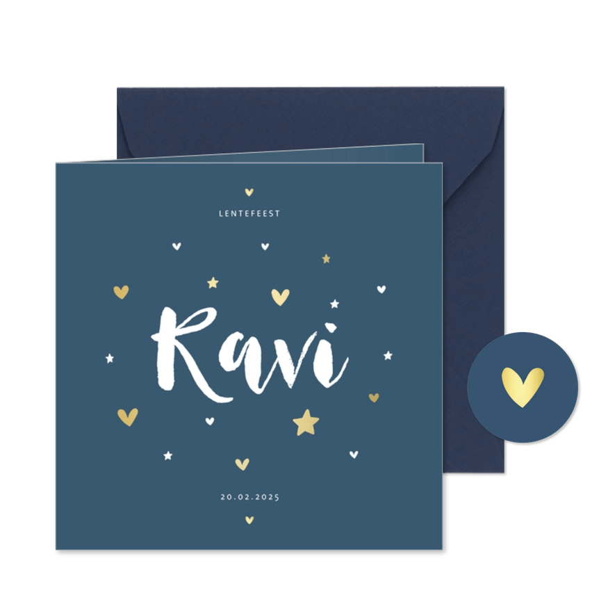 Lentefeest uitnodiging gouden hartjes en sterren aanpasbaar - Kaartimpressie
