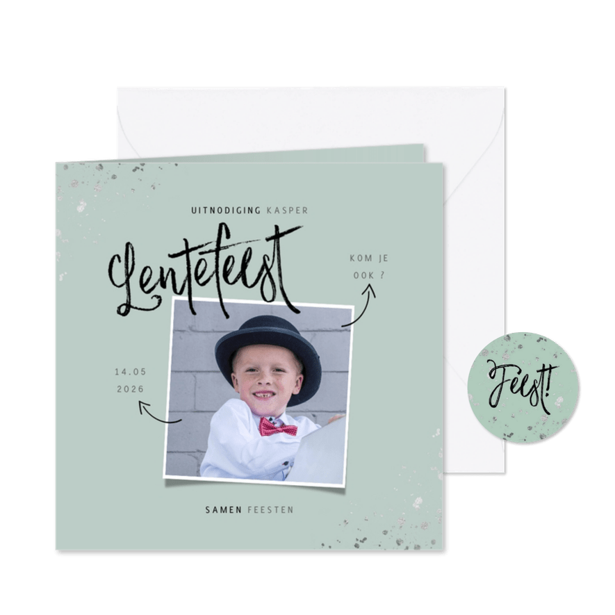 Lentefeest uitnodiging hip met foto en zilveren spetters - Kaartimpressie