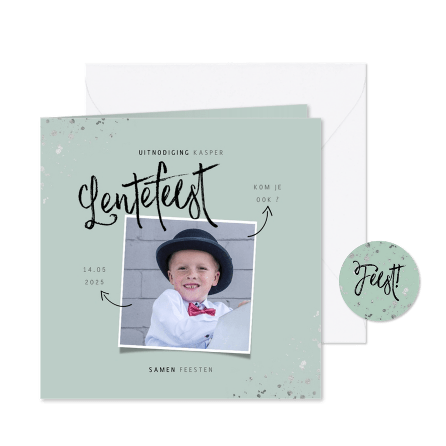 Lentefeest uitnodiging hip met foto en zilveren spetters - Kaartimpressie