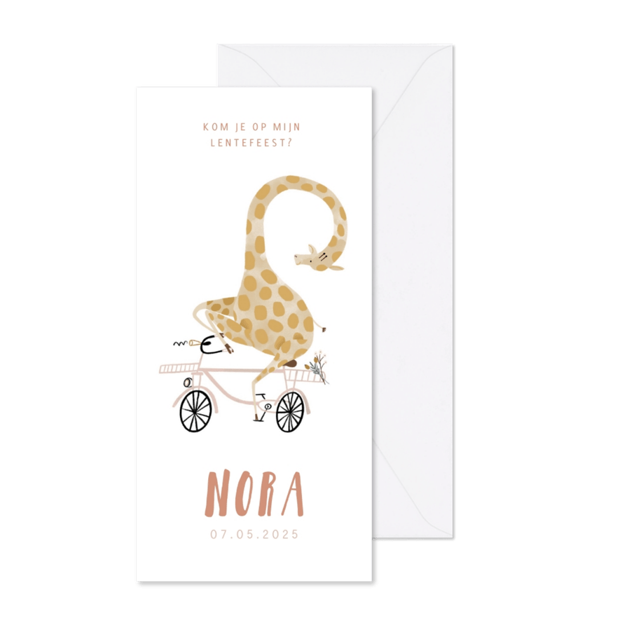 Lentefeest uitnodiging hip met giraf op roze fiets  - Kaartimpressie