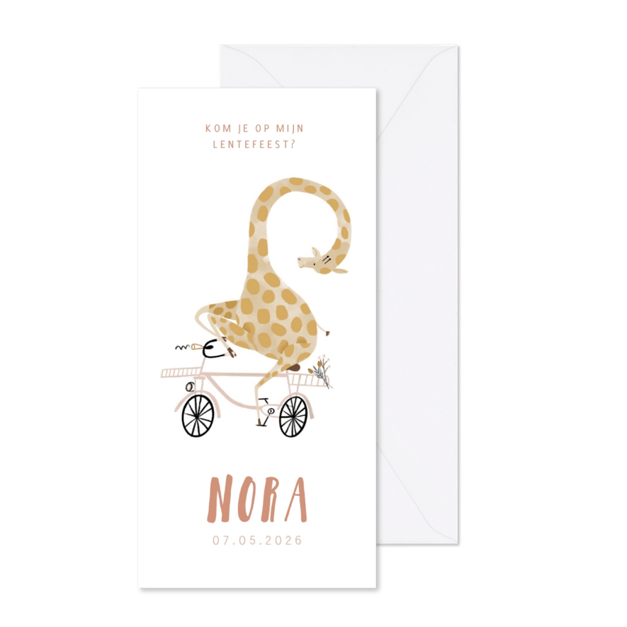 Lentefeest uitnodiging hip met giraf op roze fiets - Kaartimpressie