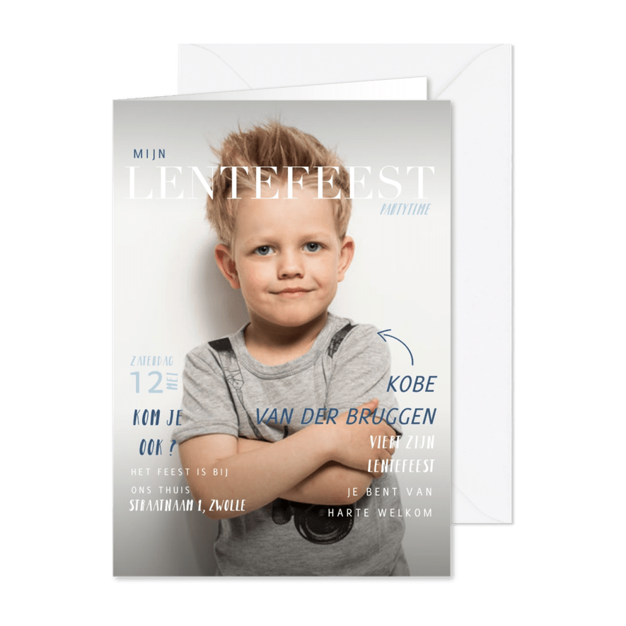Lentefeest uitnodiging in magazine stijl met foto en teksten - Kaartimpressie