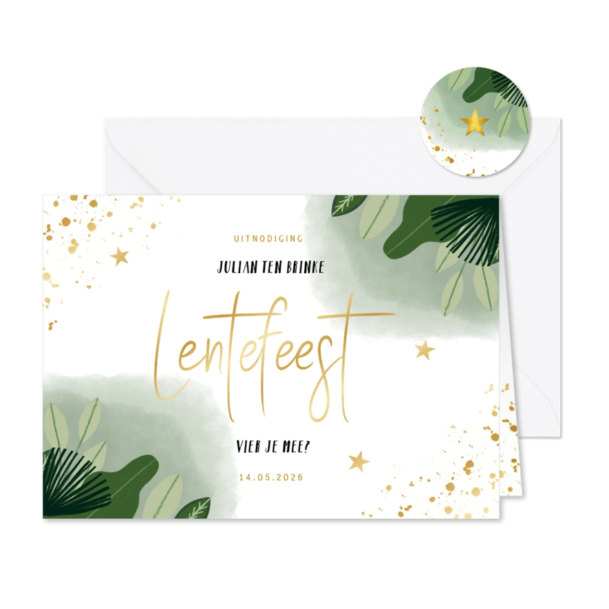 Lentefeest uitnodiging met planten waterverf en goud spetter - Kaartimpressie