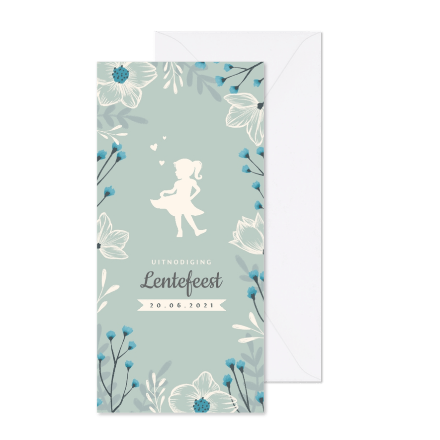 Lentefeest uitnodiging met stijlvolle bloemen en silhouet - Kaartimpressie