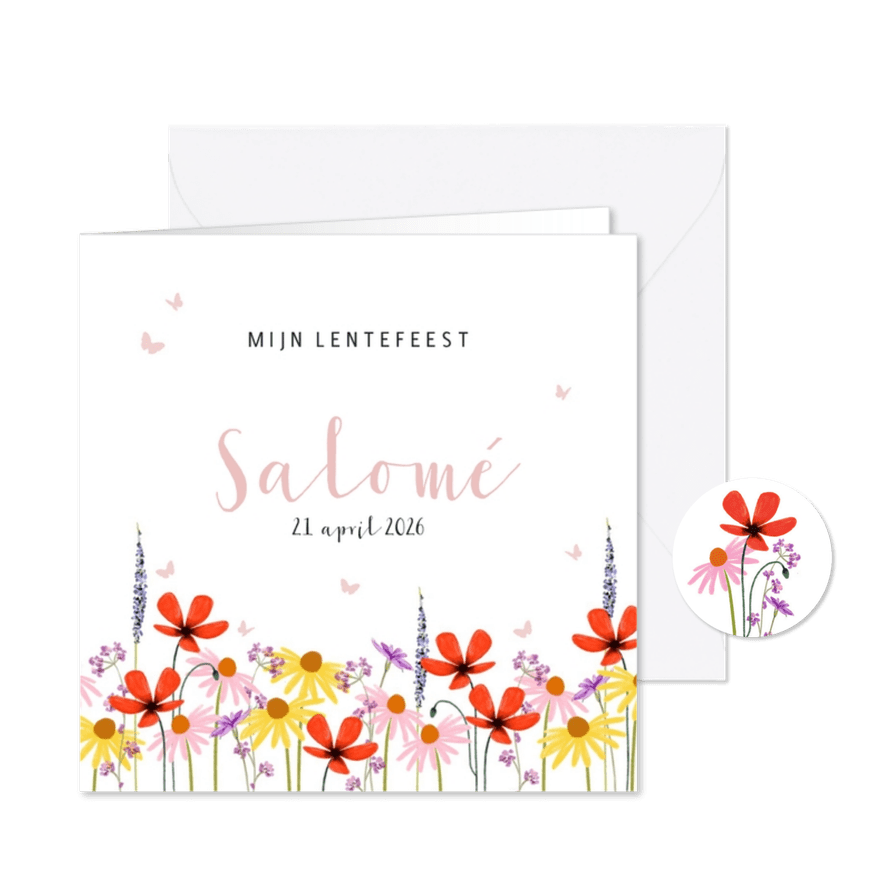 Lentefeest uitnodiging met veldbloemen en vlindertjes - Kaartimpressie