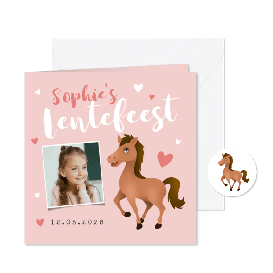 Lentefeest uitnodiging paard hartjes foto - Kaartimpressie