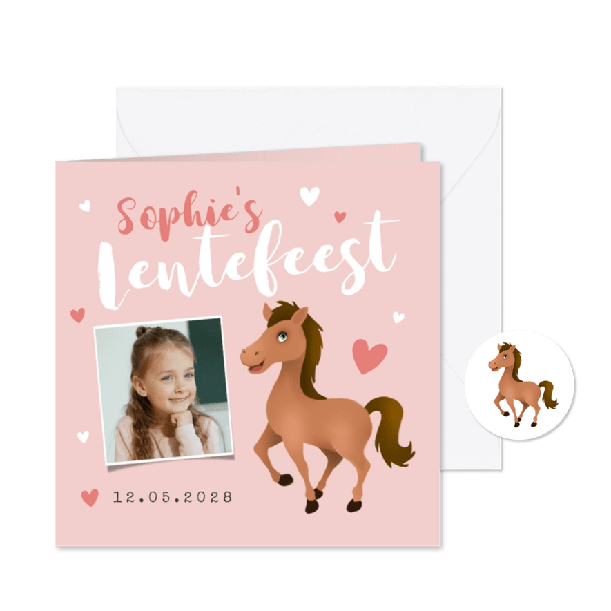 Lentefeest uitnodiging paard hartjes foto - Kaartimpressie