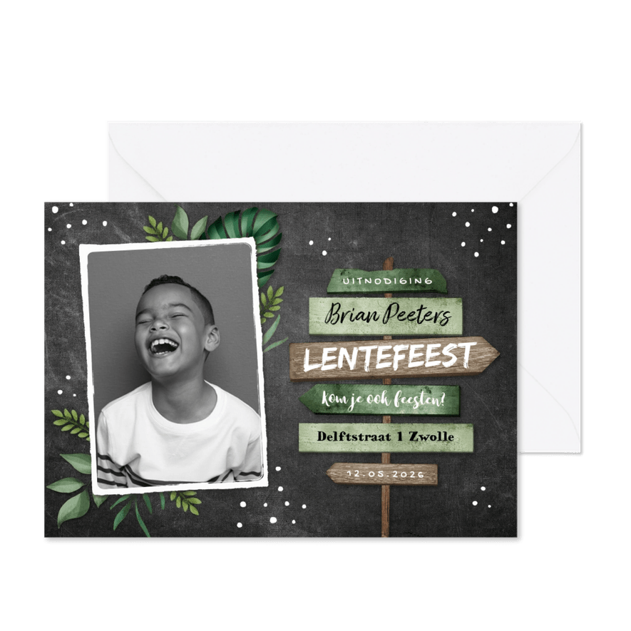 Lentefeest uitnodiging stoer wegwijzers krijt bladeren - Kaartimpressie