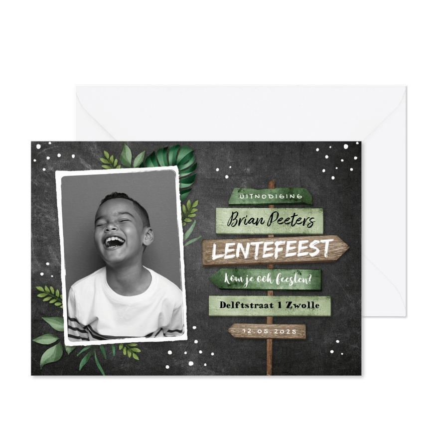 Lentefeest uitnodiging stoer wegwijzers krijt bladeren - Kaartimpressie