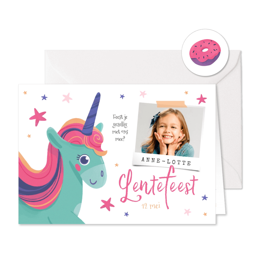 Lentefeest uitnodiging unicorn sterren foto - Kaartimpressie