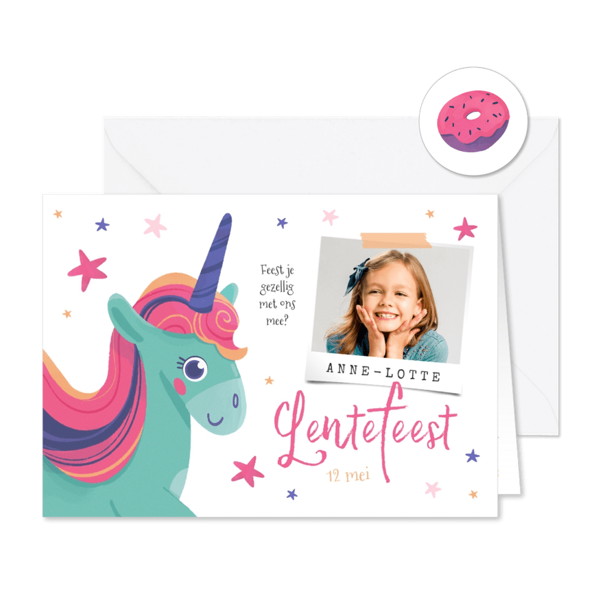 Lentefeest uitnodiging unicorn sterren foto - Kaartimpressie